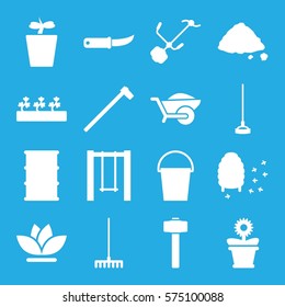 Gardening icon. Set of 16 Gardening filled icons such as rake, hoe, gardening knife, garden hammer, gardening tool, wheelbarrow, bucket, barrel, plant in pot, flower pot, flower, sprout plants, swing