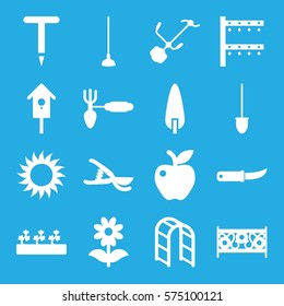 Gardening icon. Set of 16 Gardening filled icons such as gardening tool, shovel, hoe, garden tools, gardening knife, irrigation system, sun, flower, sprout plants, pine-tree, apple, fence