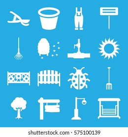 Gardening icon. Set of 16 Gardening filled icons such as pitchfork, rake, garden tools, gardening tool, water pipe, sun, pot for plants, tree, fence, street lamp, swing, direction board, honeycomb