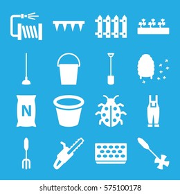 Gardening icon. Set of 16 Gardening filled icons such as pitchfork, shovel, gardening tool, plowing tool, hoe, chain saw, bucket, water hose, pot for plants, sprout plants, fence, honeycomb, ladybug