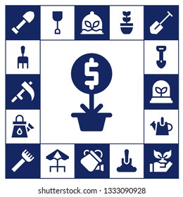 gardening icon set. 17 filled gardening icons.  Simple modern icons about  - Shovel, Rake, Scythe, Plant, Watering can, Terrace, Planting