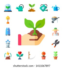 gardening icon set. 17 flat gardening icons.  Collection Of - plant, shovel, sprinkler, wheelbarrow, gardener, shears, manure, watering can, sprout, scythe, sunflower