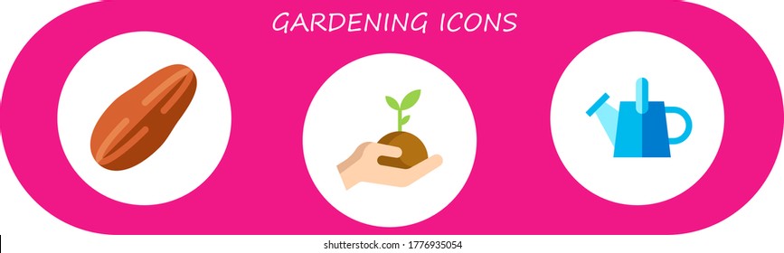 gardening icon set. 3 flat gardening icons. Included seed, sprout, watering can icons