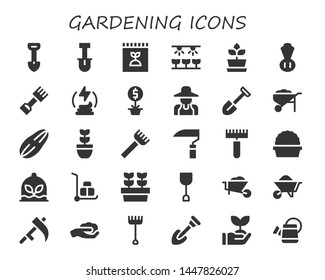 gardening icon set. 30 filled gardening icons.  Simple modern icons about  - Shovel, Fertilizer, Farm, Plant, Chives, Rake, Manure, Gardener, Wheelbarrow, Seed, Scythe, Plants