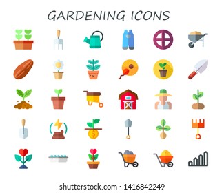 gardening icon set. 30 flat gardening icons.  Collection Of - plants, rake, watering can, terra, wheelbarrow, seed, flower pot, growth, fertilization, plant, shovel, sprout, barn