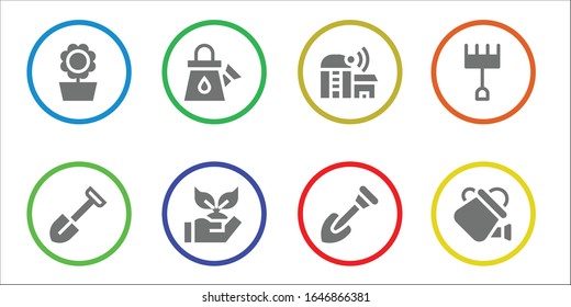 gardening icon set. 8 filled gardening icons.  Simple modern icons such as: Sunflower, Shovel, Watering can, Planting, Farm, Rake
