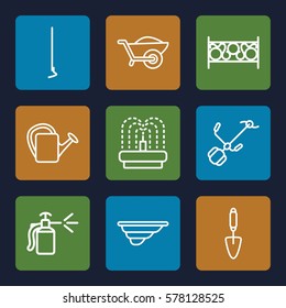 Gardening icon. Set of 9 Gardening outline icons such as trowel, hoe, gardening tool, wheelbarrow, watering can, fence, spray bottle
