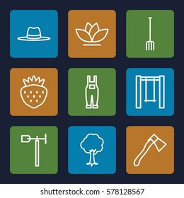 Gardening icon. Set of 9 Gardening outline icons such as pitchfork, axe, flower, tree, strawberry, swing, weather vane, gardener jumpsuit