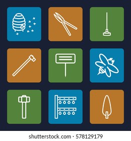 Gardening icon. Set of 9 Gardening outline icons such as hoe, garden tools, gardening tool, garden hammer, irrigation system, pine-tree, bee