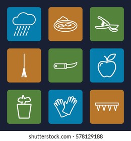 Gardening icon. Set of 9 Gardening outline icons such as rake, plowing tool, garden tools, gardening knife, rain, plant in pot, apple, pond