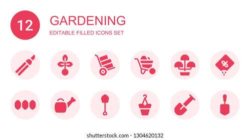 gardening icon set. Collection of 12 filled gardening icons included Shears, Seed, Wheelbarrow, Flower pot, Seeds, Watering can, Shovel, Flowerpot