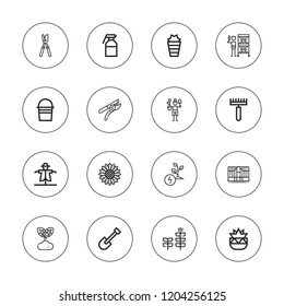 Gardening icon set. collection of 16 outline gardening icons with botanical, bucket, greenhouse, gardener, grows, gardening, rake, scarecrow, plant, shovel, pruner icons.