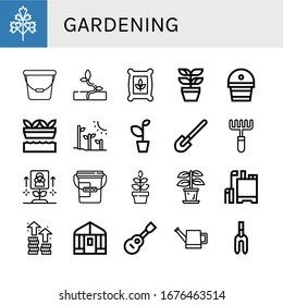 gardening icon set. Collection of Parsley, Bucket, Sprout, Seeds, Plant, Fertilizer, Hydroponic gardening, Plant tree, Shovel, Rake, Growth, Pesticide, Greenhouse, Viola icons