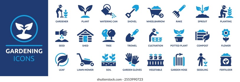 Gardening icon set. Containing plant, gardener, sprout, leaf, planting, seedling, shovel, watering can, rake, cultivation and more. Solid vector icons collection.