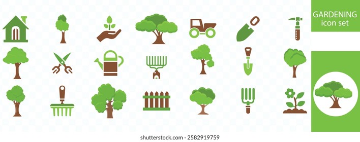 Gardening icon set. Containing plant, gardener, sprout, leaf, planting, seedling, shovel, watering can, rake, cultivation and more. Solid vector icons 