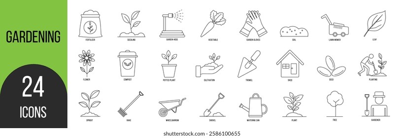 Gardening icon set. Containing plant, gardener, sprout, leaf, planting, seedling, shovel, watering can, rake and more. Vector icons collection.