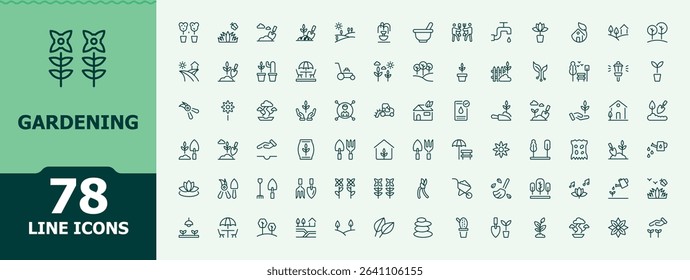Gardening icon set. It contains symbols to wheelbarrow, shovel, seedling, growing, water and more. Collection for mobile and web apps. Pixel perfect. Editable vector. minimal icons collection.