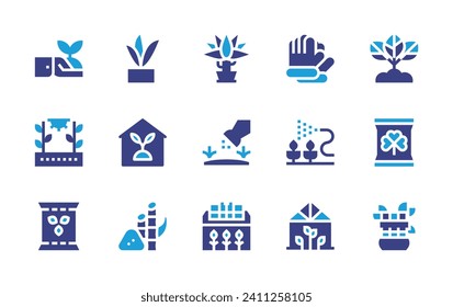 Gardening icon set. Duotone color. Vector illustration. Containing plant, indoor plants, sugar cane, sprout, crops, seeds, gloves, dracaena, seed bag, bamboo, watering plants, greenhouse, solar panel.