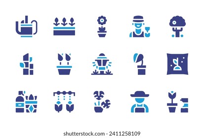 Gardening icon set. Duotone color. Vector illustration. Containing flower, plant, lamp, farmer, gardener, flowers, watering can, fruit tree, roses, bamboo, seed bag, watering plants, watering.