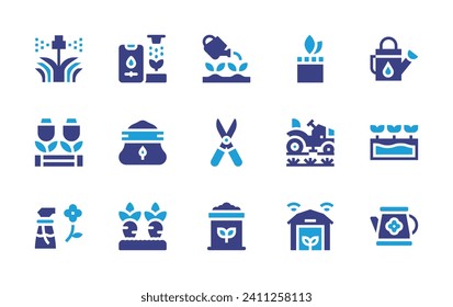 Gardening icon set. Duotone color. Vector illustration. Containing watering can, smart farm, shears, manure, hydroponic, soil, carrot, sprinkler, plant, flower, lawn mower, watering, greenhouse.