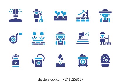 Gardening icon set. Duotone color. Vector illustration. Containing hydroponic gardening, gardener, garden, sow, watering can, plant, watering sprayer, soil, sprinkler, hose, water hose.