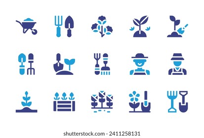 Gardening icon set. Duotone color. Vector illustration. Containing gardening tools, gardening, wheelbarrow, ecology and environment, planting, farmer, gardener, flowers, plant, cotton, garden fork.