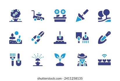 Gartensymbol eingestellt. Duotonfarbe. Vektorgrafik. Mit Pflanzen, Ausrüstung, Garten, Graben, Landwirtschaft und Gartenarbeit, Schaufel, Gartenarbeit, Sprinkler, kluger Bauernhof, Apfelbaum, Dach, Gartenarbeit.