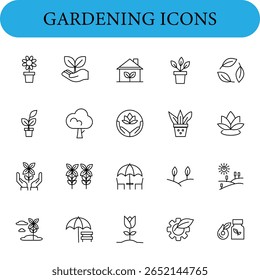 Gardening icon set. Elements include potted plants, a hand holding a sprout, a house, leaves, trees, a flower within a circle, and a coffee plant icon.