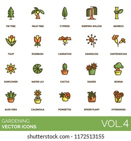 Gardening icon set. Fir tree, palm, cypress, weeping willow, bamboo, tulip, rosebush, carnation, dandelion, zantedeschia, sunflower, lily, cactus, daisies, bonsai, aloe vera, calendula, hydrangea.