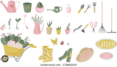 Gardening icon set, flat  cartoons style with texture. Vector hand drawn illustrations of gardening. Cute garden work hand drawn elements. Garden tools. Isolates on white background.