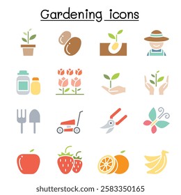 Gardening icon set in flat color style