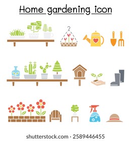 Gardening icon set in flat color style