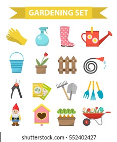 Gardening Icon Set, Flat Style. Garden And Orchard Collection Tools And  Decoration, Isolated On White Background. Vector Illustration