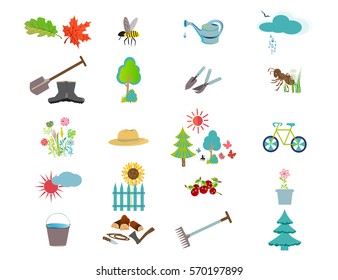 Gardening icon set, Garden and orchard collection tools and decoration, isolated on white background. Vector illustration.