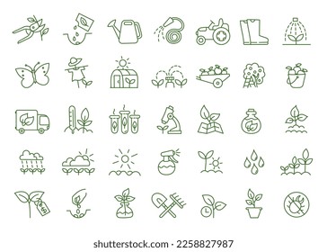 Gardening icon set. Garden tools. Growing plants. Agriculture and gardener. Vector line. Editable outline stroke.