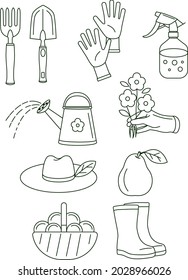 Gardening Icon Set Hat Flowers Boots Basket Gardening Tools Spray Pear