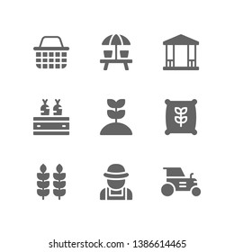 Gardening icon set including basket, picnic, gazebo, park, harvest, sprout, seed, wheat, farmer, agriculture