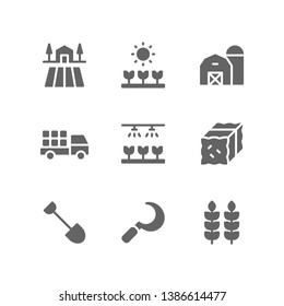 Gardening icon set including farm, plant, barn, agriculture, irrigation, hay, bale, hoe, sickle, wheat