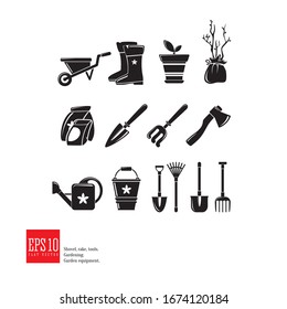 Gardening icon set. Isolated garden equipment vector picture on white background, detailed design, growing plant, spring