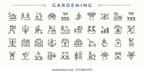 Gardening icon set in linear style. Minimal icons pack. Tree icon set. Contain linear symbols flower, plant, garden, rake, shovel and more.
