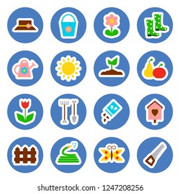 Gardening icon set on blue circles. Vector illustration in flat style