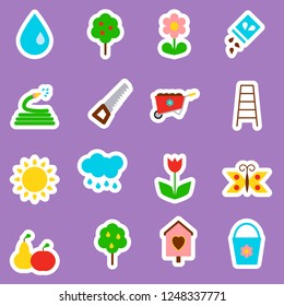 Gardening icon set on violet background. Vector illustration in flat style