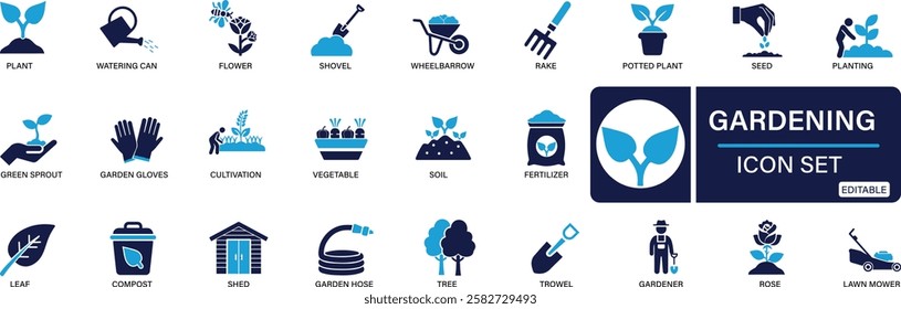 Gardening icon set plant, gardener, sprout, leaf, planting, seedling, shovel, watering can, rake, You can easily change the color