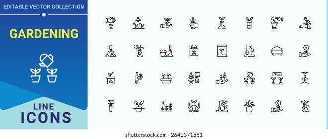 Gardening icon set. Related to agriculture, ecology, environment, nature, plant and more. Planting icon set. Modern vector UI icons. Pictogram and infographic.