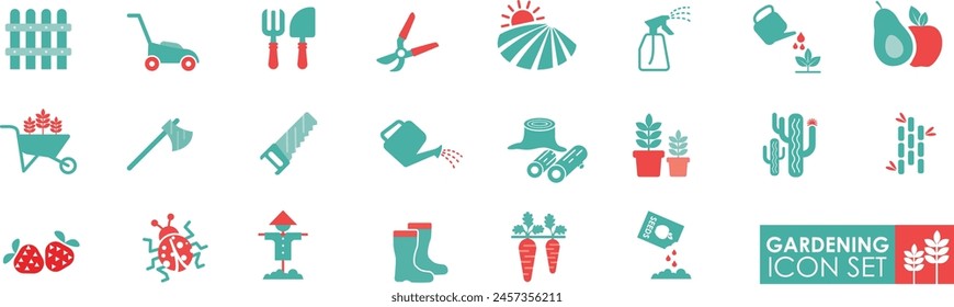 Gardening icon set solid icon collection. Containing plants, watering cans, carrots, flowers, trees, fences, cultivate and bug