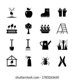 Gardening icon set. Solid vector black icon isolated on a white background. Logo illustration. Symbol of a garden or farm. Glyph sign for mobile concept web design and infographics.