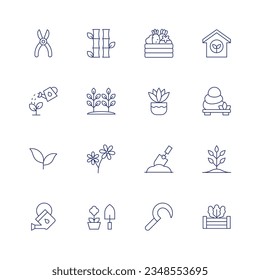 Gardening icon set. Thin line icon. Editable stroke. Containing secateurs, bamboo, crate, horticulture, water, farm, fern, lithotherapy, tea leaf, flower, gardening, plant, watering can, sickle.