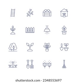 Gardening icon set. Thin line icon. Editable stroke. Containing stair, branch, harvest, house plants, sprout, fence, lamp, plant, trees, gardening, plant pot, watering plants, shovel and rake, pollen,