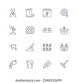 Gardening icon set. Thin line icon. Editable stroke. Containing shears, boots, harvest, hose, sprout, fence, hydroponics, plant, wheelbarrow, gardening, plant pot, watering plants, gardening tools.