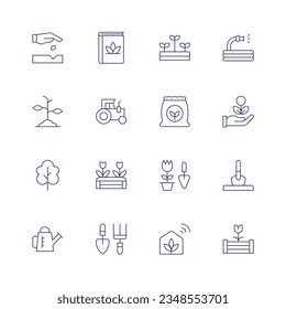 Gardening icon set. Thin line icon. Editable stroke. Containing seedling, book, crop, hose, sprout, farming and gardening, fertilizer, medicine, tree, garden, gardening, shovel, watering can.